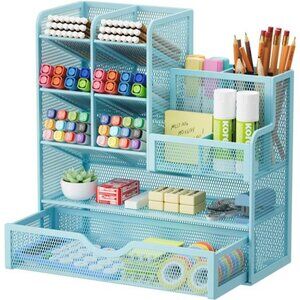 Mesh Desk Organizer Pen Holder with Drawer Office Supply Storage Caddy Blue